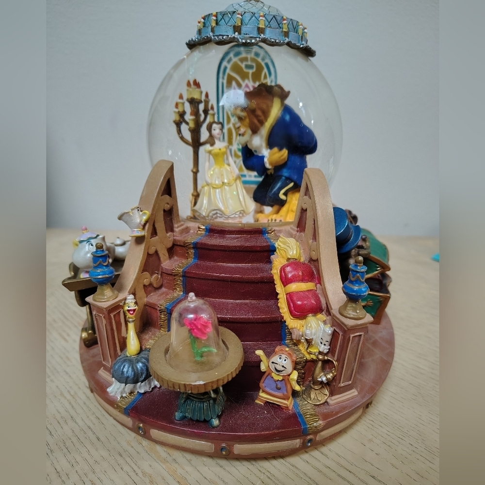 Vintage 1991 Disney Beauty The Beast Musical Snow Globe Enchanted Love Fireplace